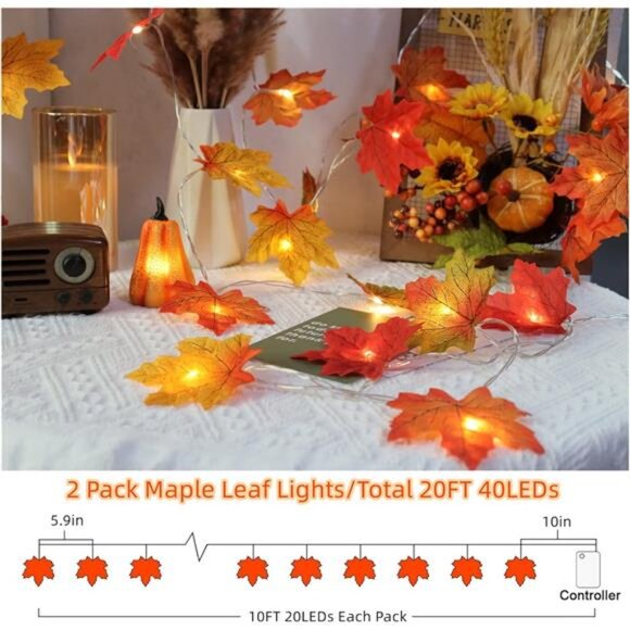 Fall Leaf String Lights 2 Pack Multicolor Maple Leaf Garland Indoor Outdoor Deco - Picture 4 of 7
